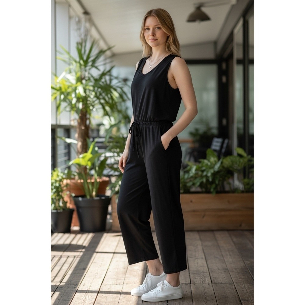 Daily Ritual Jumpsuit Womens Large Green Sleeveless Drawstring Knit Loungewear